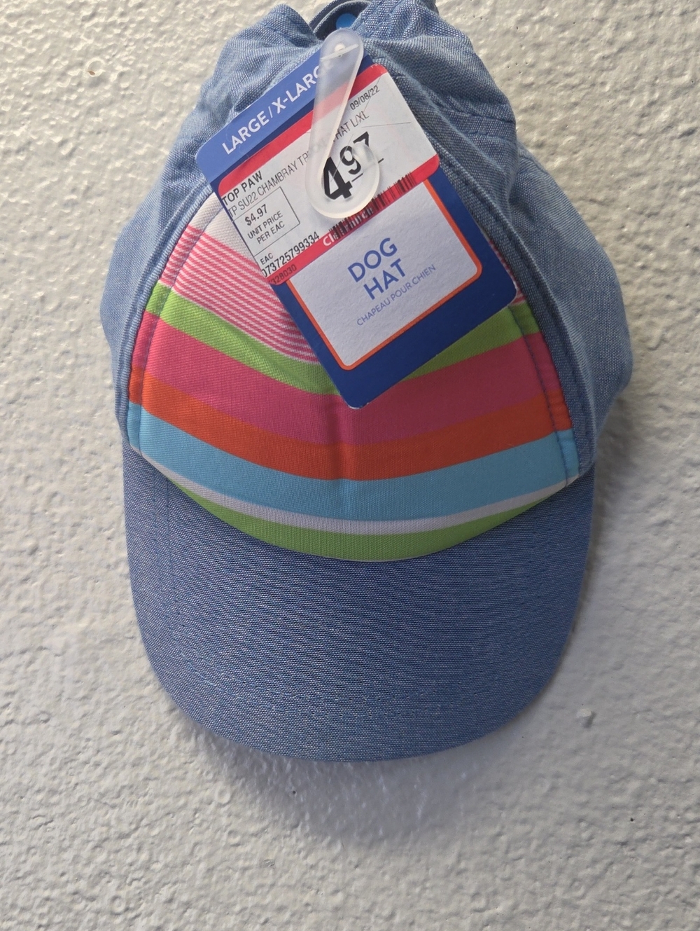 Top Paw Chambray Blue Dog Hat with Bright Stripe Panel